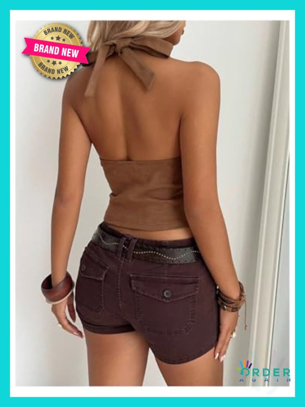 Suedette Halter Lace-Up Backless Crop Top Y2K Western - Picture 3 of 4